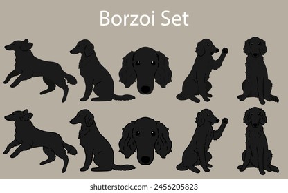Conjunto de ilustraciones negras lindas y simples de Borzoi