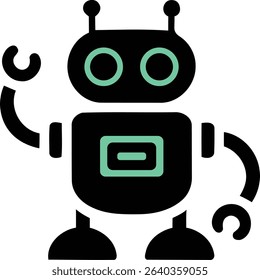 Cute and simple black robot icon with mint green accents, waving a hand. Perfect for technology, AI, customer service, futuristic concepts, or digital assistant interfaces and apps.