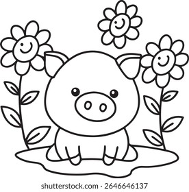 A cute, simple black and white line drawing of a happy pig sitting amongst smiling flowers. This charming illustration is perfect for children's books and coloring pages.