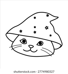 A cute, simple black and white line drawing of a cat wearing a wizard's hat adorned with stars.