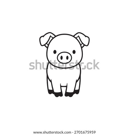 A cute, simple black and white line art illustration of a cartoon pig facing forward, perfect for children's designs or minimalist animal themes.