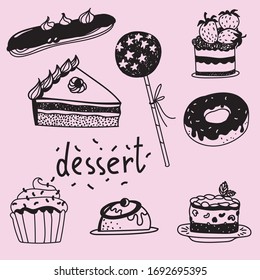 Cute and simple black and white sketches for dessert offerings — cheesecake, donut, lollipop, ice cream, eclairs and sweet tarts. Might be used as an illustration in a cafe or restaurant menu.