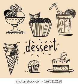 Cute and simple black and white sketches for dessert offerings — cheesecake, ice cream, beverages and sweet tarts. Might be used as an illustration in a cafe or restaurant menu.