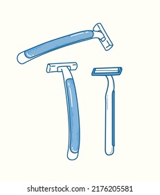 Cute simple blue disposable razor with different angle in vector flat illustration art design