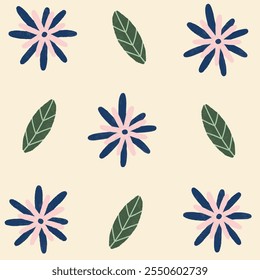Mignonne fleur rose bleu simple. Motif harmonieux Image vectorielle 90s 80s 70s. Couleur rétro nature chaude. Idéal pour le fond d'écran, les bannières de vente, les affiches, les étiquettes, le tissu, la papeterie et l'emballage cadeau