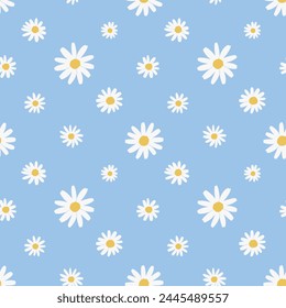 Cute simple blue seamless pattern with chamomile flowers. Spring and summer background. Vector illustration