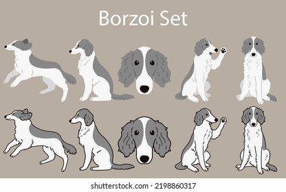 Cute and simple Borzoi illustrations set