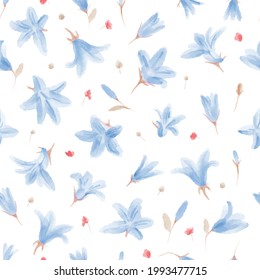 Cute and simple botanical seamless pattern, wild meadow flowers bells. Watercolor hand painted floral background with leaves, flowers and herbs