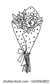 Cute simple bouquet of flowers wrapped with polka dot paper isolated on a white background. Vector hand drawing black outline. For the decor of spring holidays, postcards, March 8, coloring books.