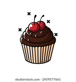 Cute and simple brown chocolate cupcake isolated on a white background. Vector stock illustration.