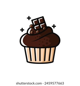 Cute and simple brown chocolate cupcake isolated on a white background. Vector stock illustration.