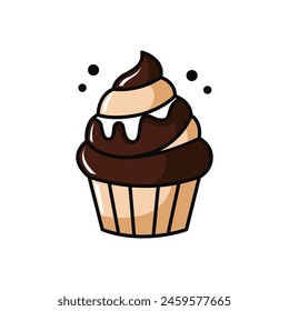Cute and simple brown chocolate cupcake isolated on a white background. Vector stock illustration.