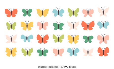 Cute simple butterflies set. Flying garden insects with colorful decorative wings. Perfect for kids design, planners, notebooks, scrapbooking, educational materials. Flat vector illustration