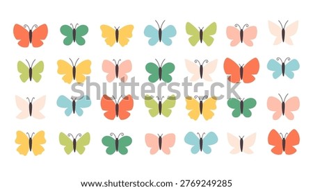 Cute simple butterflies set. Flying garden insects with colorful decorative wings. Perfect for kids design, planners, notebooks, scrapbooking, educational materials. Flat vector illustration