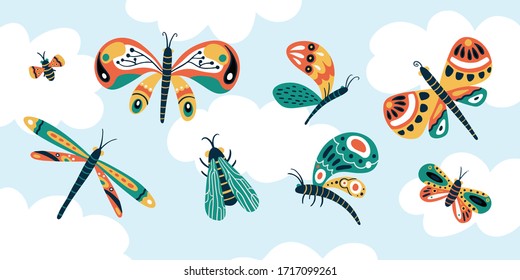 Cute simple butterfly set. Butterfly, insects, flies, moths. Stock vector illustration. Kids cartoon color element. Simple hand drawn style.