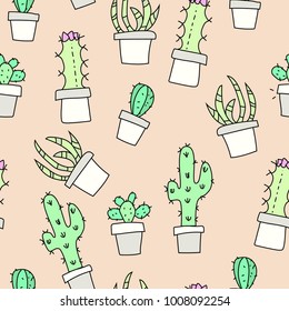 Cute, simple cactus and succulent doodle seamless repeating background. Pastel colors of bright green, white, and peach. Hand drawn