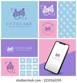 cute simple cake logo with seamless pattern and mockup