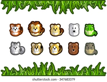 Cute and simple carnivore animals illustration. The animals are tiger, lion, lioness, polar bear, crocodile, wolf, cheetah, leopard, grizzly bear, and komodo dragon.