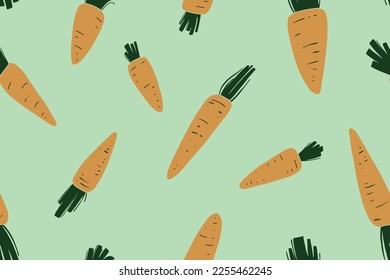 Cute and simple carrots pattern. Red carrots on a grass. Spring harvest. First vegetables in the village