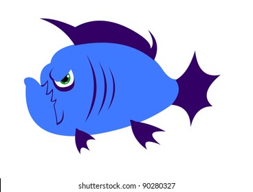 Cute simple cartoon angry piranha fish. Only flat colors isolated on white. Easy editable layered vector illustration. One in the series of fish illustrations.