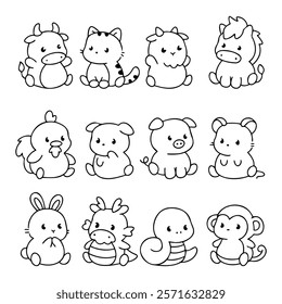 Cute and simple cartoon animals arranged in playful poses suitable for children's art and projects