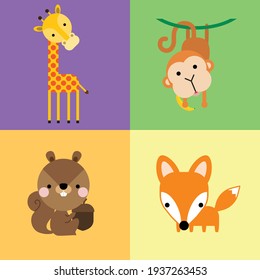 Cute simple cartoon animals - Monkey, giraffe, Squirrel, Fox. Great for designing baby clothes. Vector illustration