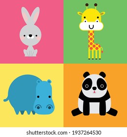 Cute simple cartoon animals - Rabbit, Giraffe, Hippo, Panda. Great for designing baby clothes. Vector illustration
