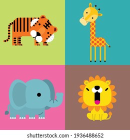 Cute simple cartoon animals - , tiger, giraffe, lion, elephant. Great for designing baby clothes. Vector illustration