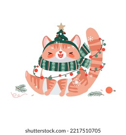 Un simple gatito de caricatura con un sombrero divertido y una bufanda para imprimir en el software de Navidad