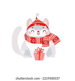 Cute simple cartoon cat with funny hat and scarf for print on Christmas giftware