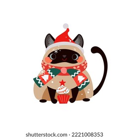 Cute simple cartoon cat with funny hat and scarf for print on Christmas giftware