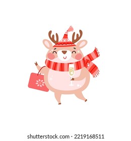 Cute simple cartoon deer with funny hat and scarf for print on Christmas giftware