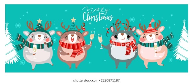 Pequeño ciervo de caricatura con sombrero gracioso y pañuelo para imprimir en software de Navidad