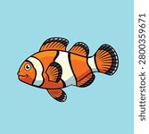 Cute simple cartoon illustration of an orange clownfish swimming to the left in side profile view