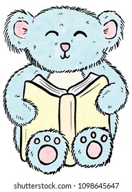 Cute Simple Cartoon Teddy Bear Reading a Book and Learning
