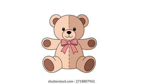 Oso de peluche de dibujos animados lindo y simple con detalles cosidos sentados y llevando un lazo de cinta rosa cuidadosamente atado en el pecho.