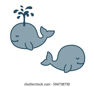 Cute and simple cartoon whale drawing. Swimming and making water fountain. Adorable baby whales vector illustration.