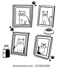 cute simple cat at photo frame set doodle sticker line art illustration.