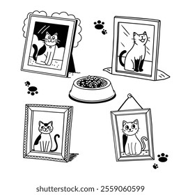 cute simple cat at photo frame set doodle line art illustration.