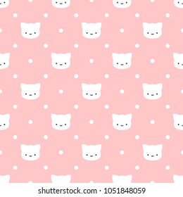 Cute Simple Cats with Dots Seamless Pattern, Pink Cartoon Animals Background, Vector Illustration