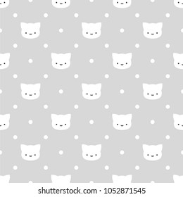 Cute Simple Cats with Dots Seamless Pattern, Grey Cartoon Animals Background, Vector Illustration