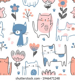 Cute simple cats, kittens with flowers. Cartoon seamless pattern. Perfect for nursery textile design, apparel and covering. Blue and pink naive doodle 