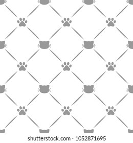 Cute Simple Cats with Kitty Paw Seamless Pattern, Isolated Cartoon Animals Background, Vector Illustration