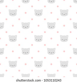Cute Simple Cats with Pink Dots Seamless Pattern, Isolated Cartoon Animals Background, Vector Illustration
