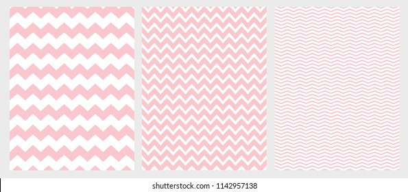 Cute Simple Chevron Vector Pattern Set. 3 Various Size of Chevron. Pink Zigzags on a White Background. Pink Simple Geometric Seamless Patterns. Lovely Zig Zag Design for Baby Girl.