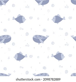 cute, simple childish seamless pattern with whale, fish. sea background. Trendy baby texture
