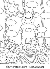 Cute simple children's coloring book with bull, nature and ornament. Outline on a white background, sketch, silhouette, Doodle, vector illustration