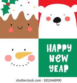 Cute Simple Christmas animal portrait in flat style. Happy new year 2021 prints 