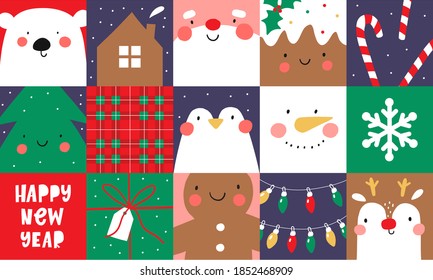 Cute Simple Christmas animal portrait in flat style. Happy new year 2021 prints 