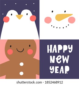 Cute Simple Christmas animal portrait in flat style. Happy new year 2021 prints 